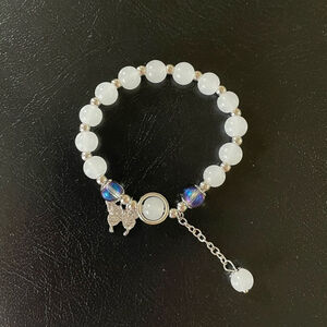 Bracelet Beaded Butterfly Charm White With Blue Stretchy